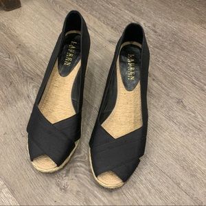 Black Ralph Lauren Cecilia Peep-Toe Wedge Sandal